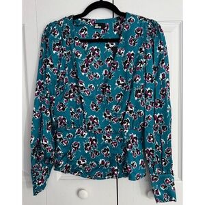 NWT The Kooples Crossover Blouse Top Women 1 Blue/Pink Floral Long Sleeve Casual